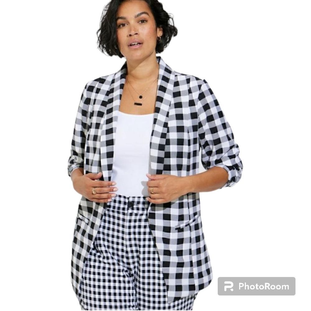 6X 30W Torrid Black White Retro Gingham Plaid Blazer Crepe Open Shawl Collar Plu